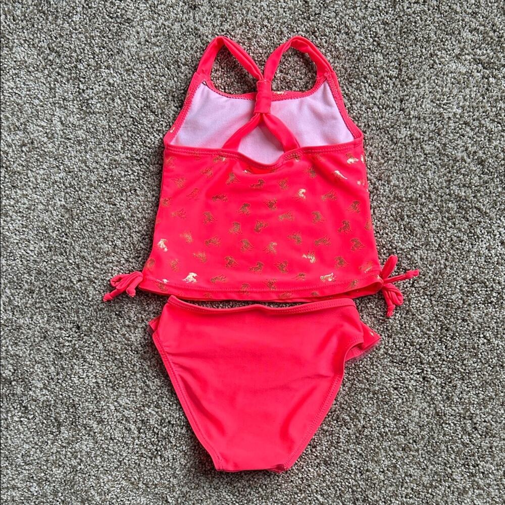 Kids 2 Piece Bright Coral Colored Unicorn Tankini, Size 18 Months - Picture 2 of 6